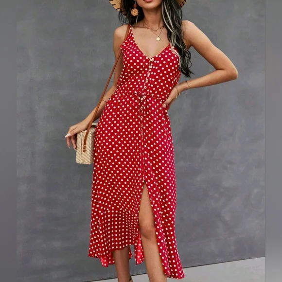 New Chic Flowy Polka Dot Button Front Cami Dress Midi Red White - Picture 5 of 8